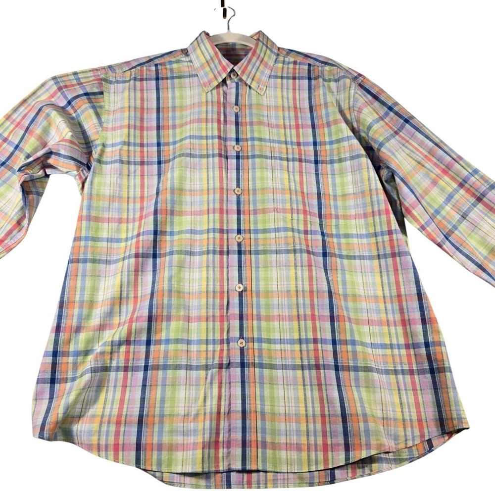 Alan Flusser Mens Large Multicolor Plaid Cotton Button Down Shirt Long Sleeve